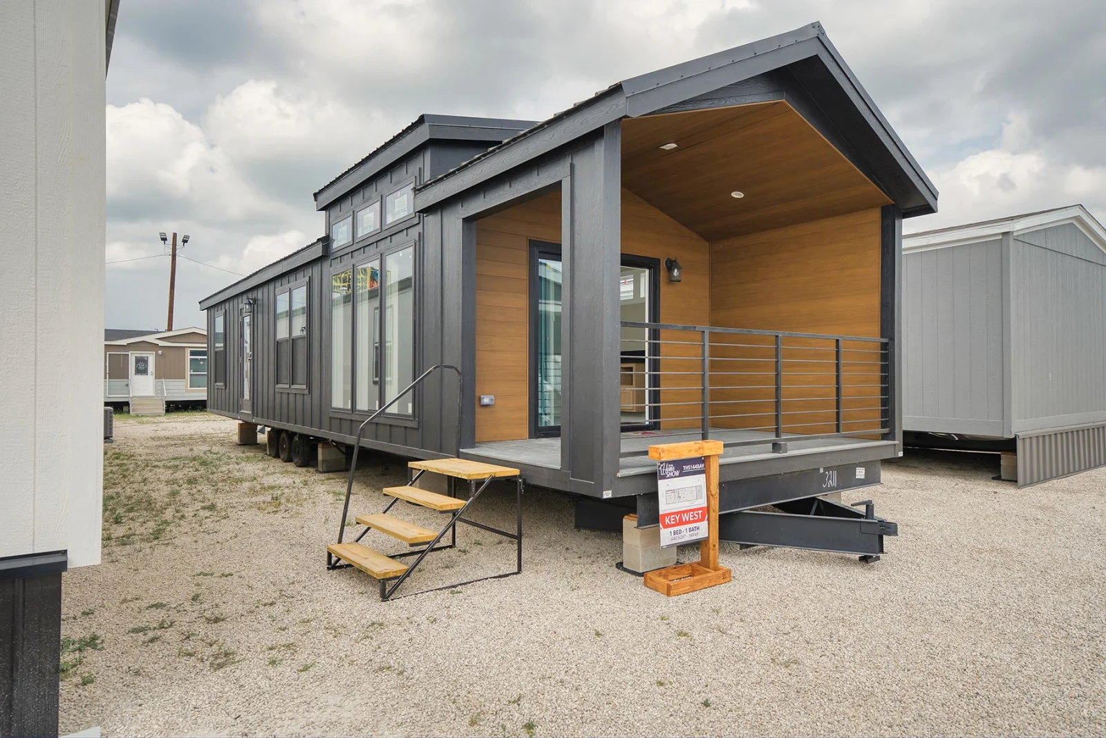 Tiny home exterior on dealer lot ready for clearance pricing